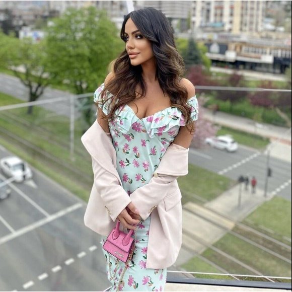 ZARA GREEN FLORAL PRINT SATIN MIDI DRESS WITH RUFFLE TRIMS SIZE S, NWT SS22 - Picture 2 of 10